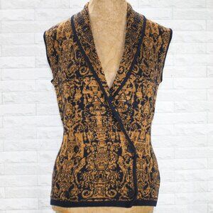 ELLEN TRACY Vest Wool Double Breasted Wrap Metallic Knit Damask Print Navy Gold